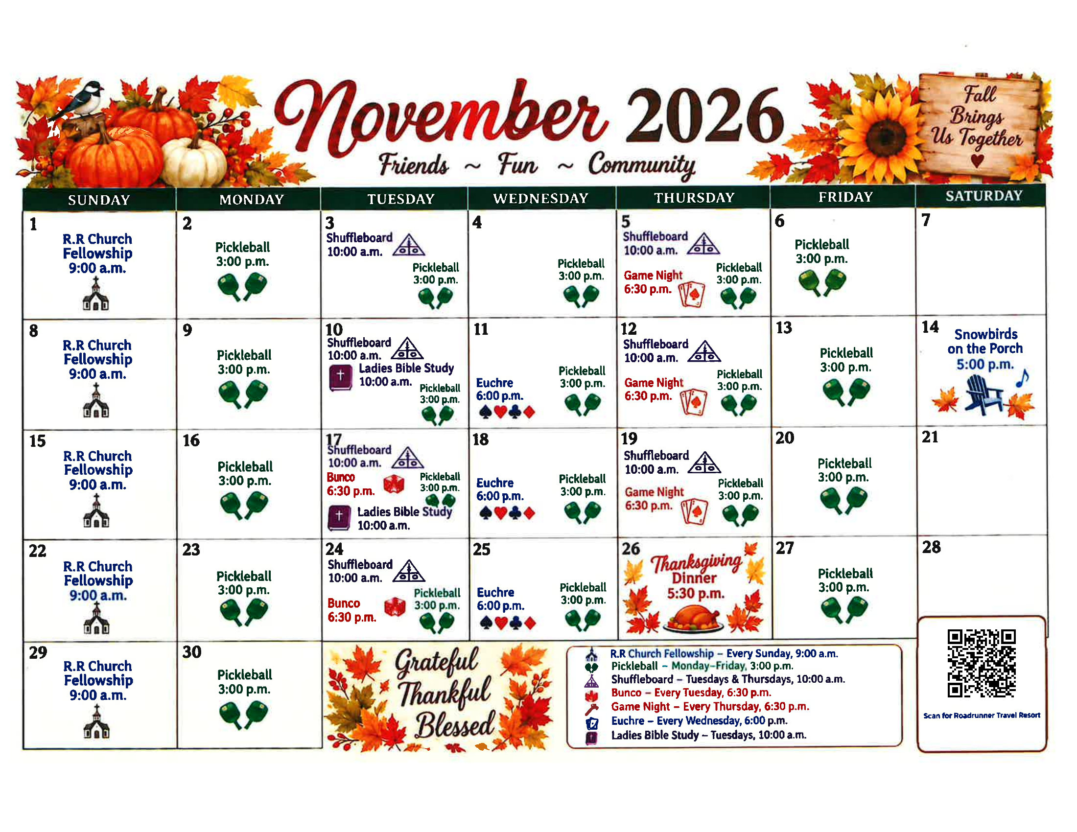 November 2026 Road Runner activities calendar. Open the PDF to zoom in on dates and times.